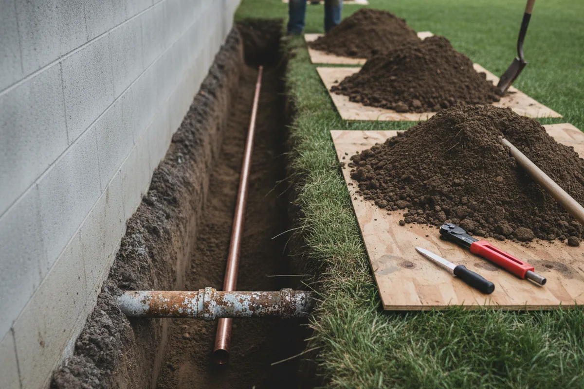 Excavated water line trench during Water Heater Repair in Zamora